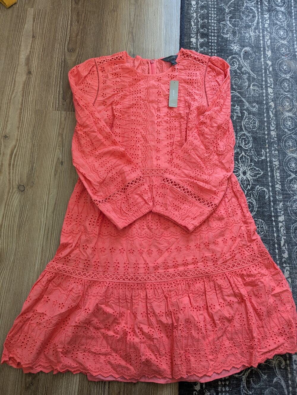 J.Crew Coral Eyelet Embroidered Long Sleeve Mini Dress | Women's Size 8 | NWT